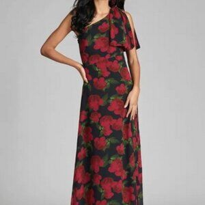 Sachin & Babi Ruby Tea Roses Chelsea Bow One-Shoulder Gown